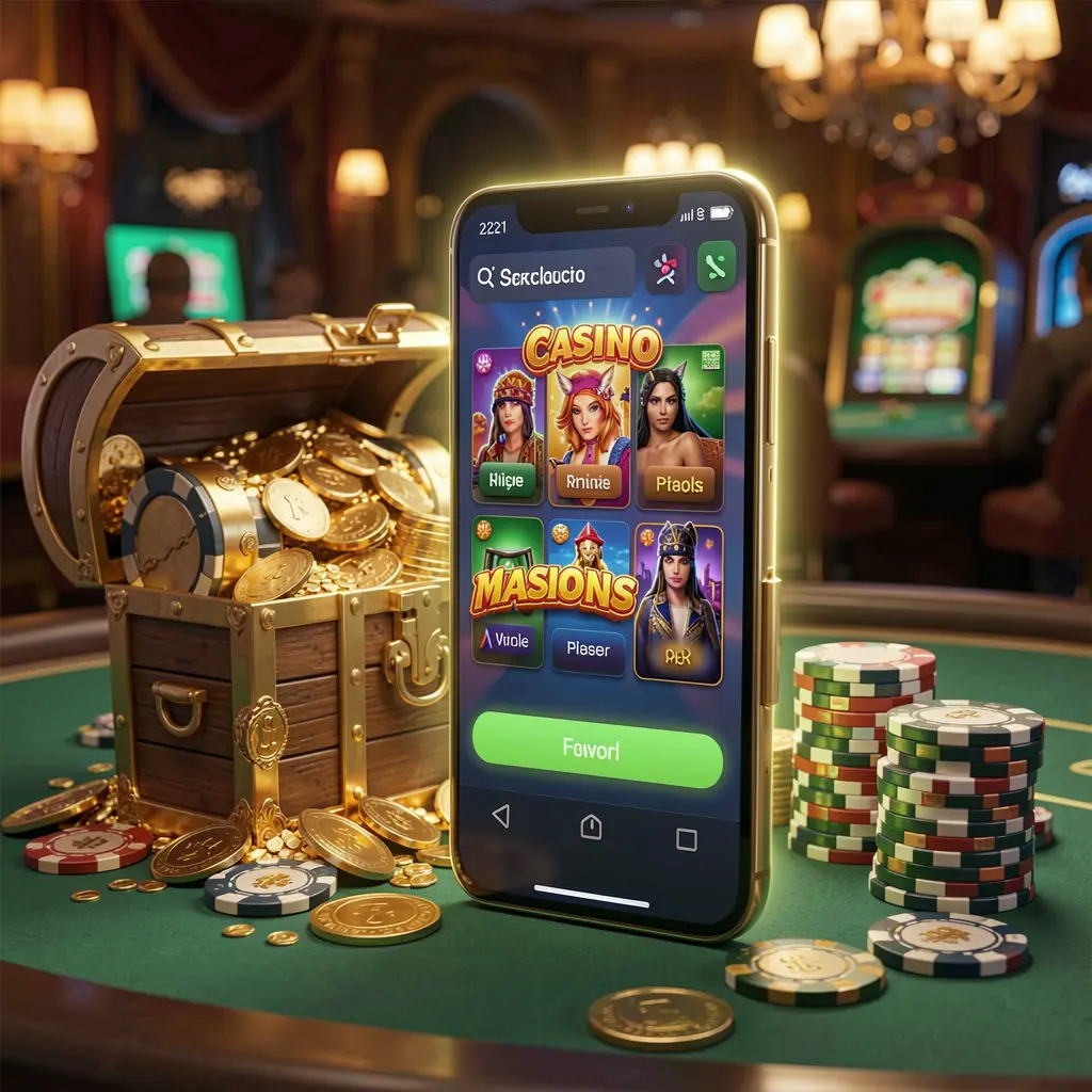 EEPH8 Casino APK download scene showing a glowing smartphone with an Android-style mobile app layout, surrounded by a treasure chest, chips, and coins in a luxury 3D render