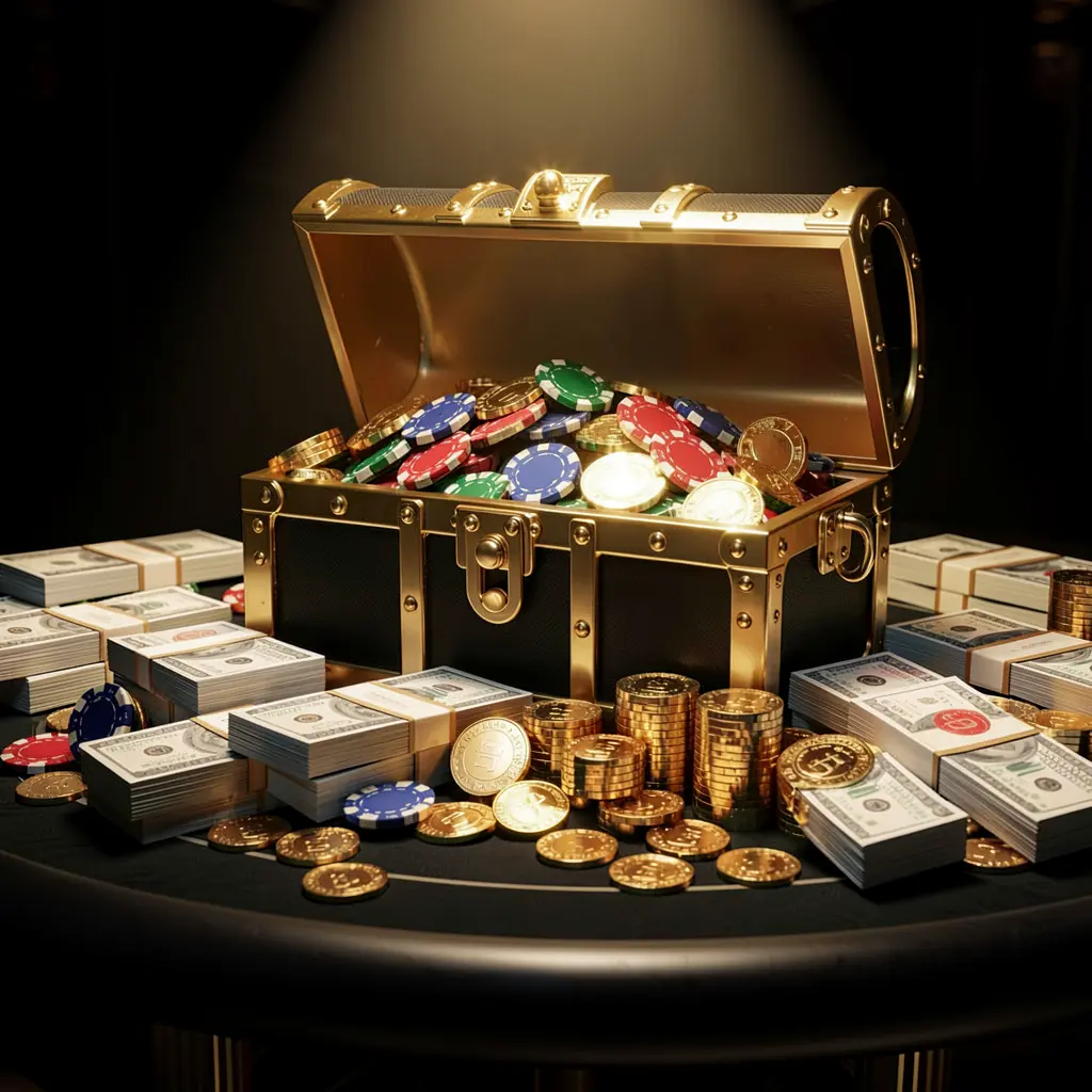EEPH8 casino rewards scene featuring a golden treasure chest overflowing with chips, cash bundles, and sparkling coins in an elegant black and gold style with dramatic lighting