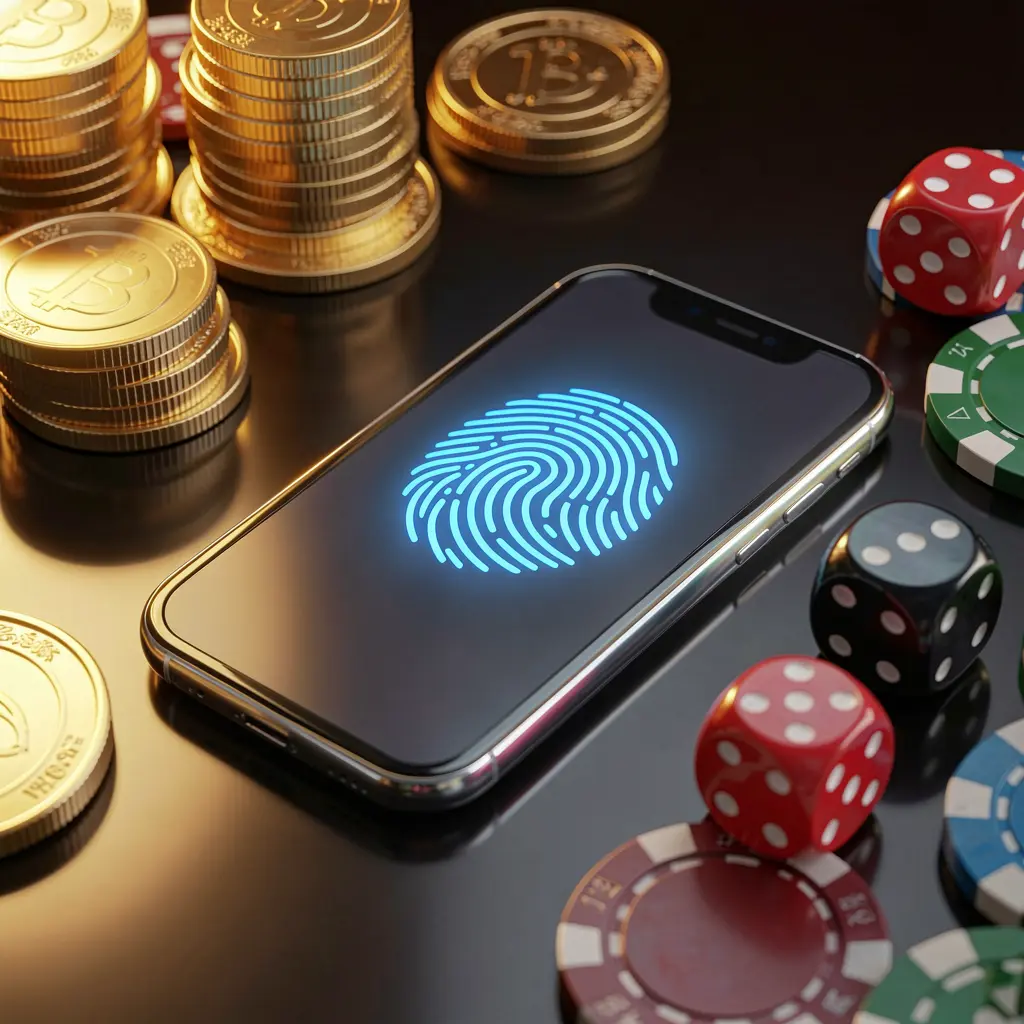 EEPH8 online gaming account access scene showing a smartphone with a glowing fingerprint icon surrounded by golden coins, dice, and poker chips on a glossy table under cinematic lighting