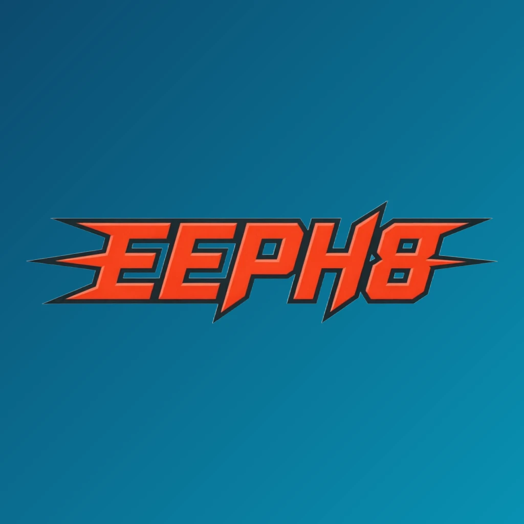 Dynamic sports-style logo for EEPH8 featuring sharp shapes and bold readable letters with a motion effect, designed as a wide horizontal rectangular wordmark with an energetic brand identity on a transparent background