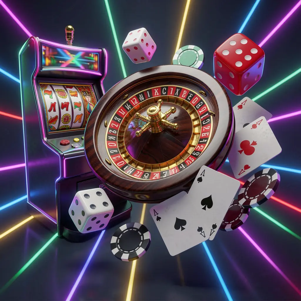EEPH8 casino games collection homepage visual featuring a slot machine, roulette wheel, dice, playing cards, and poker chips floating together with colorful neon lights in a premium 3D render